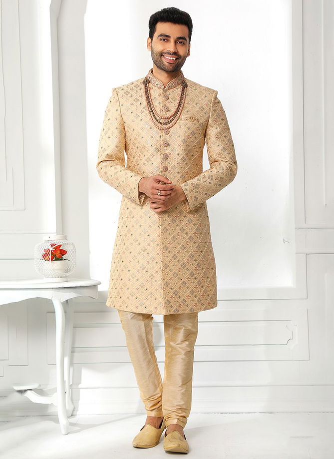 Beige And Gold Colour Designer Wedding Wear Art Silk Sherwani Collection 1762